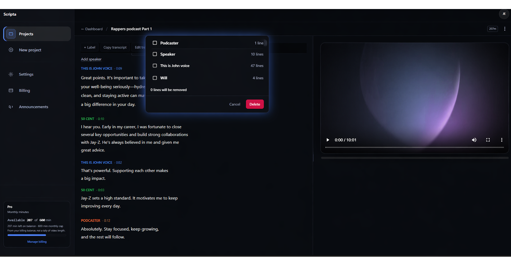 Remove all lines from selected speakers in one confirmation step
