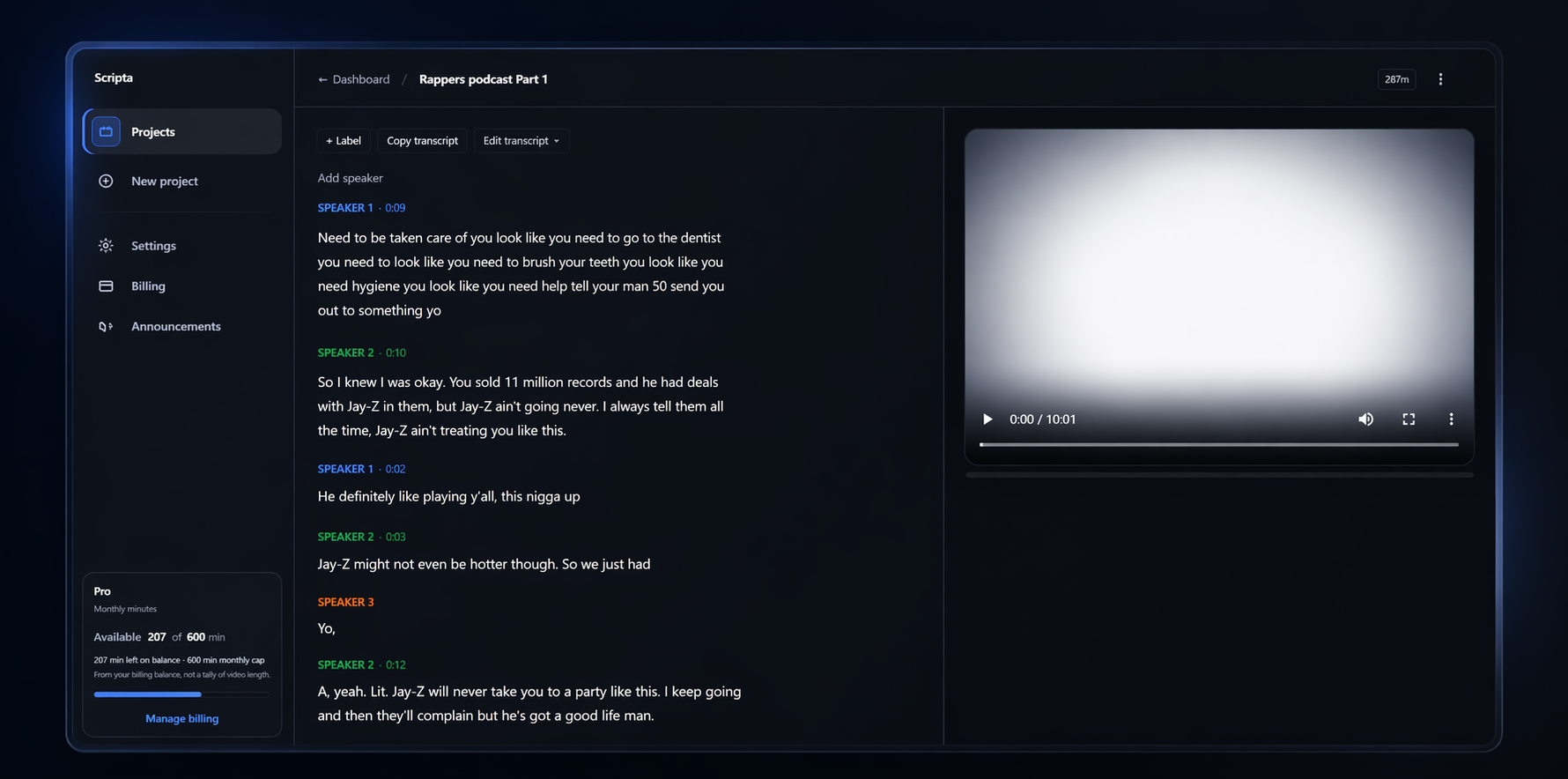 Scripta editor: transcript with labeled speakers and video preview